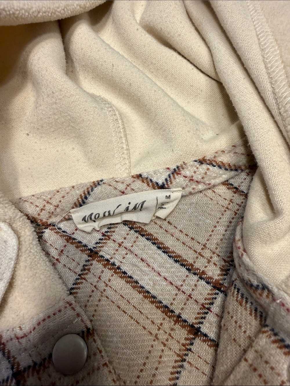 Plaid Hooded Snap-Front Shirt Jacket in Cream - Picture 2 of 6